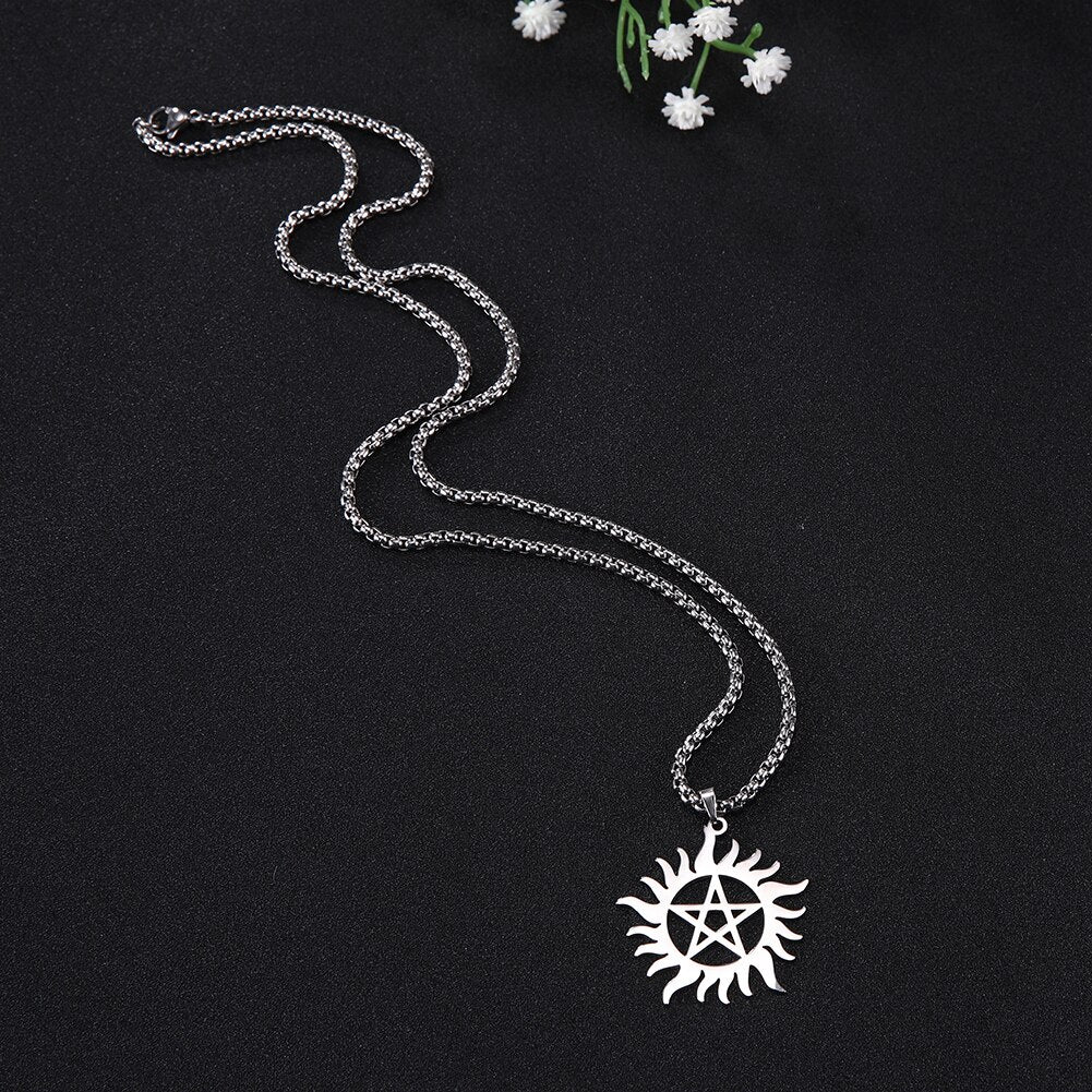 Skyrim Stainless Steel Shining Sun Pentagram Pendant Necklace Supernatural Dean Statement Box Chain Necklaces Couple Women Men