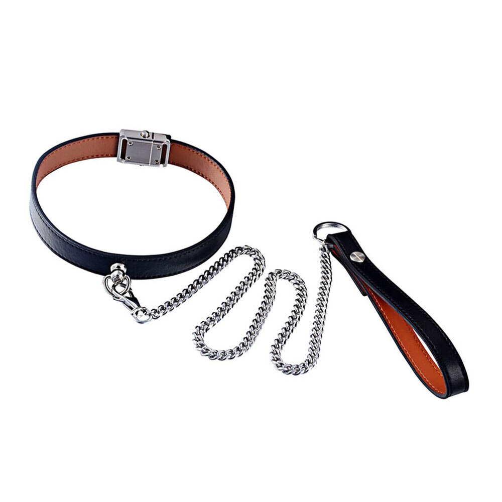 Slave Lord Leash chain Sexy Traction Pope Fun Collar  Button Buckle Steel Chain Leather necklace collar Choker Necklaces 36CM