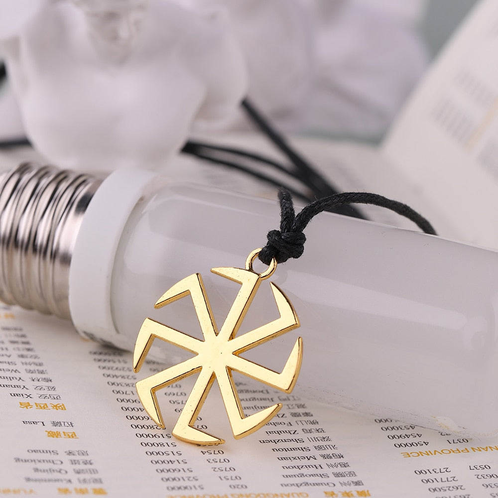 Slavic Kolovrat Amulet Necklace Pagan Sun Talisman Spinning Wheel Wax Cord Religious Pendants For Date Birthday Woman Man Gift