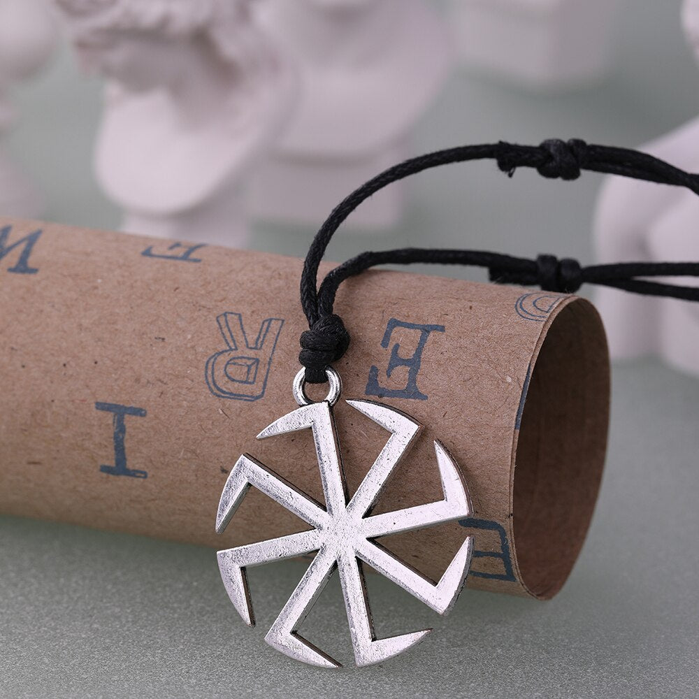 Slavic Kolovrat Amulet Necklace Pagan Sun Talisman Spinning Wheel Wax Cord Religious Pendants For Date Birthday Woman Man Gift