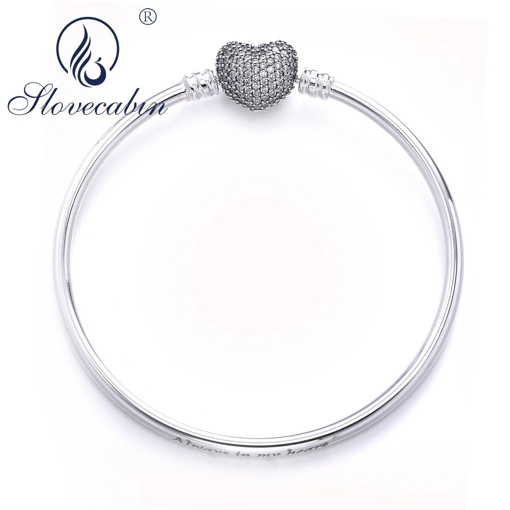 Top Quality 925 Sterling Silver Jewelry Always In My Heart Crystal Pave Clear Zircon Bangle Bracelet Fit Bead Charm