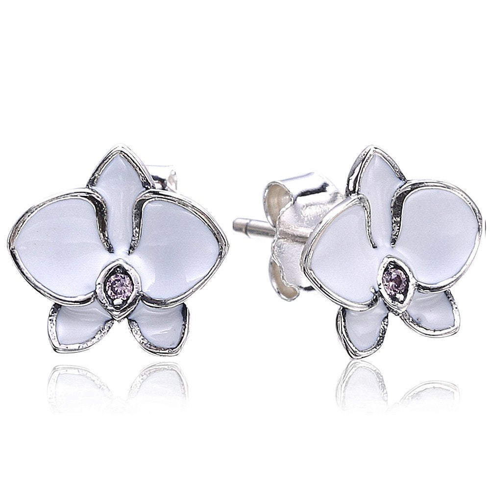 2020 Summer Style 925 Sterling Silver White Orchids Stud Earrings For Women Enamel Orchids Stud Earring Brincos