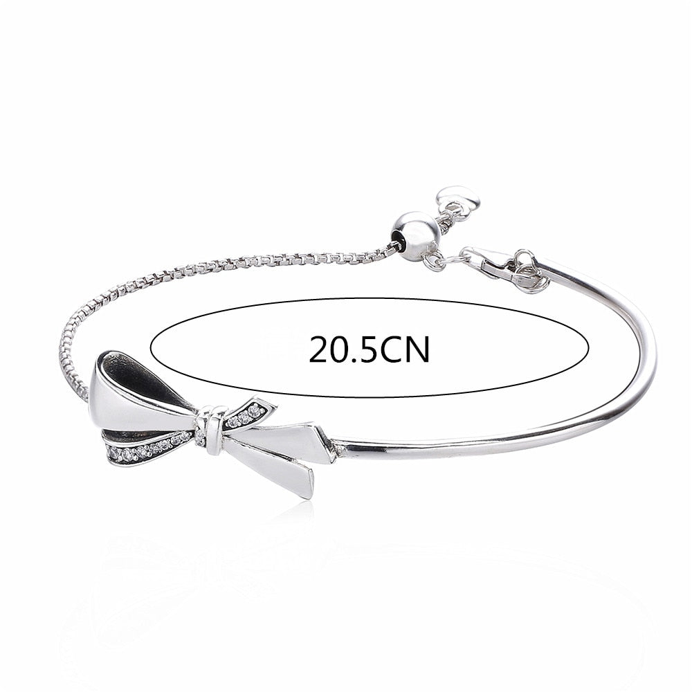 925 Sterling Silver 2020 Bows Design Mother's D Cubic Zirconia Brilliant Bow Bangle & Bracelet Crystal Fine Jewelry