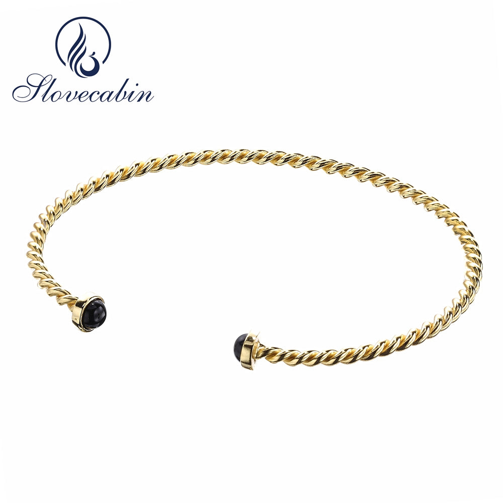 Eruope Popular 925 Sterling Silver Open Bangle With Two Agate For Women 18K Gold Plated Bracelet & Bangles Pulseras