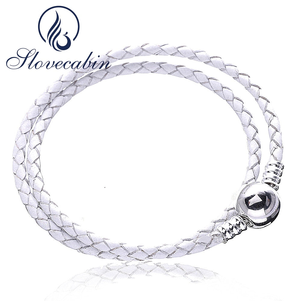 Lvory White Braided Double Leather Charm Bracelet For Women 100% 925 Sterling Silver White Rope Bracelet DIY Jewelry