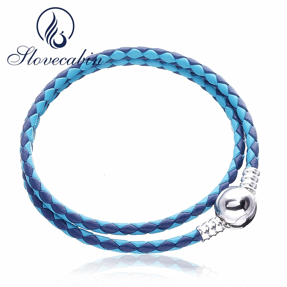 Mixed Blue Woven Double Leather Charm Bracelet For Women 925 Sterling Silver Leather Bracelet For DIY Beads Jewelry
