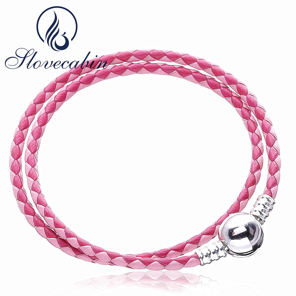 Mixed Pink Woven Double Leather Charm Bracelet For Women Europe DIY Jewelry 925 Sterling Silver Pink Leather Bracelet