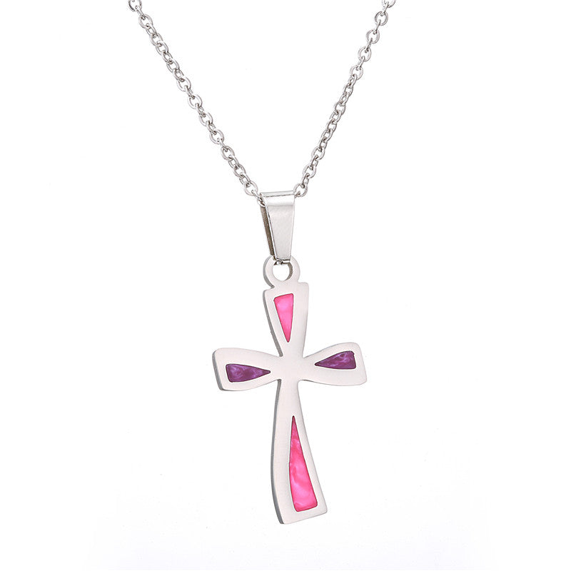 Small Colorful Cross Pendant Necklace Women Girl Kids Mini Charm Necklaces Opal Silver Chain Stainless Steel Fine Jewelry