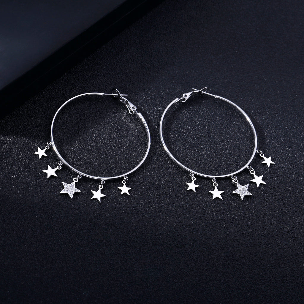Small Crystal Stars Hoop Earring Gold Silver Color Simple Big Circle Stainless Steel Earrings For Woman Jewelry Accessories Gift