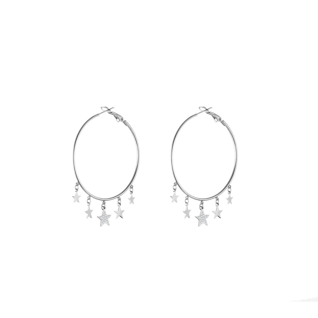 Small Crystal Stars Hoop Earring Gold Silver Color Simple Big Circle Stainless Steel Earrings For Woman Jewelry Accessories Gift