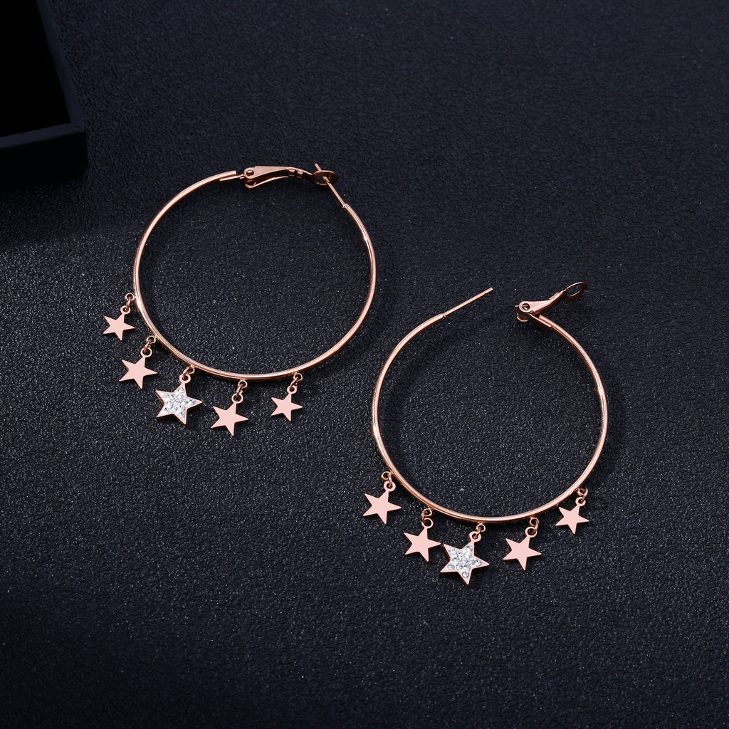 Small Crystal Stars Hoop Earring Gold Silver Color Simple Big Circle Stainless Steel Earrings For Woman Jewelry Accessories Gift