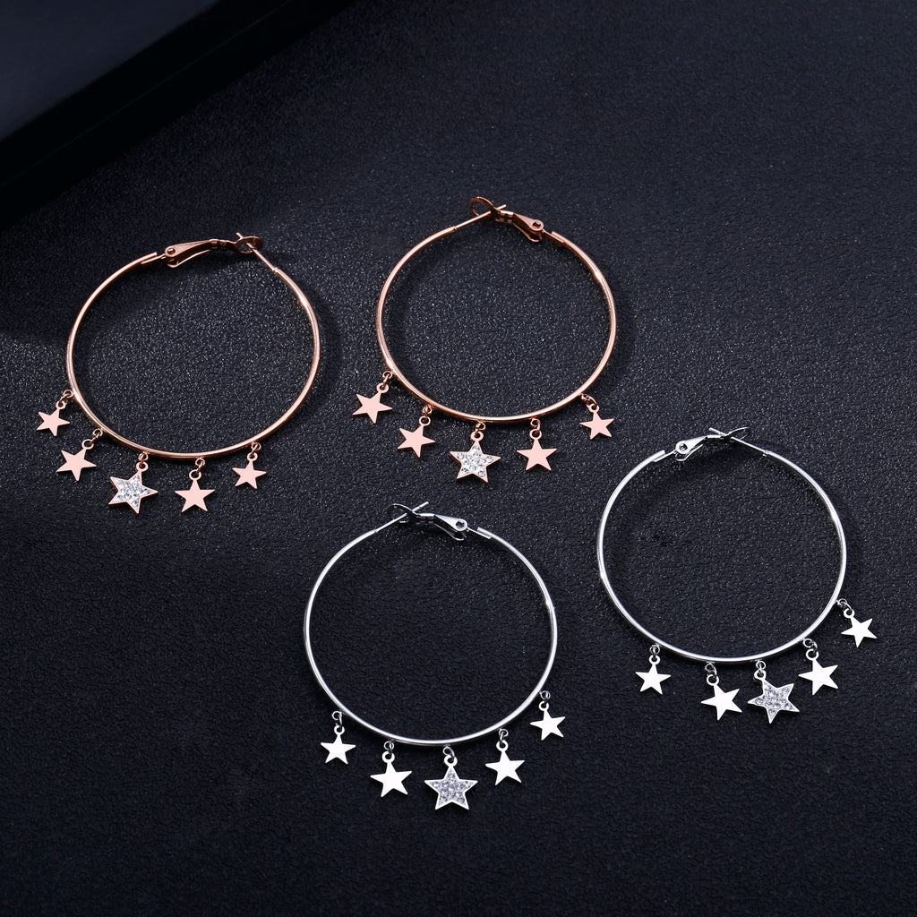 Small Crystal Stars Hoop Earring Gold Silver Color Simple Big Circle Stainless Steel Earrings For Woman Jewelry Accessories Gift