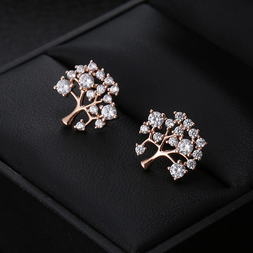 Small Cute Gold Tree Of Life Stud Earring For Woman Clear CZ Zircon Charms Earrings Female Jewelry Party Gift