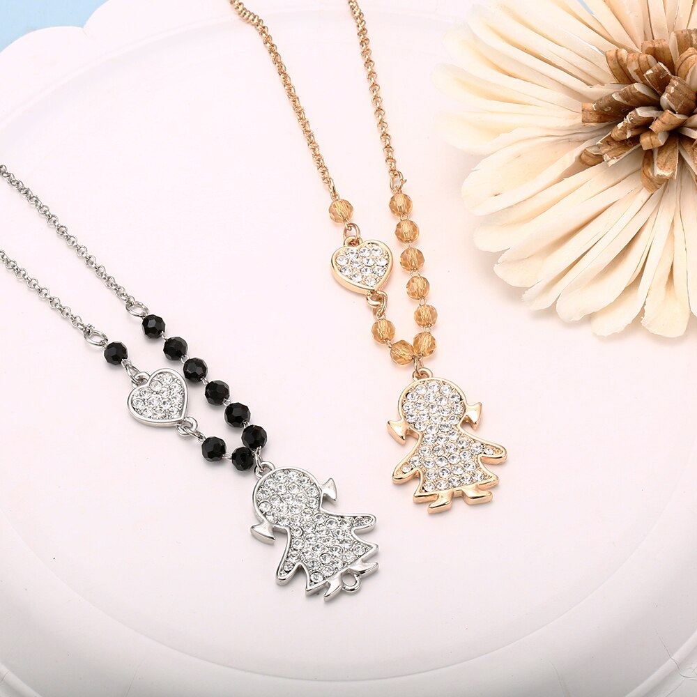 Small Lovely Girl Shape Pendant Necklace For Girl Mon Family BLack Gold Beads Chain Clear Crystal Heart Necklaces Jewelry Gift