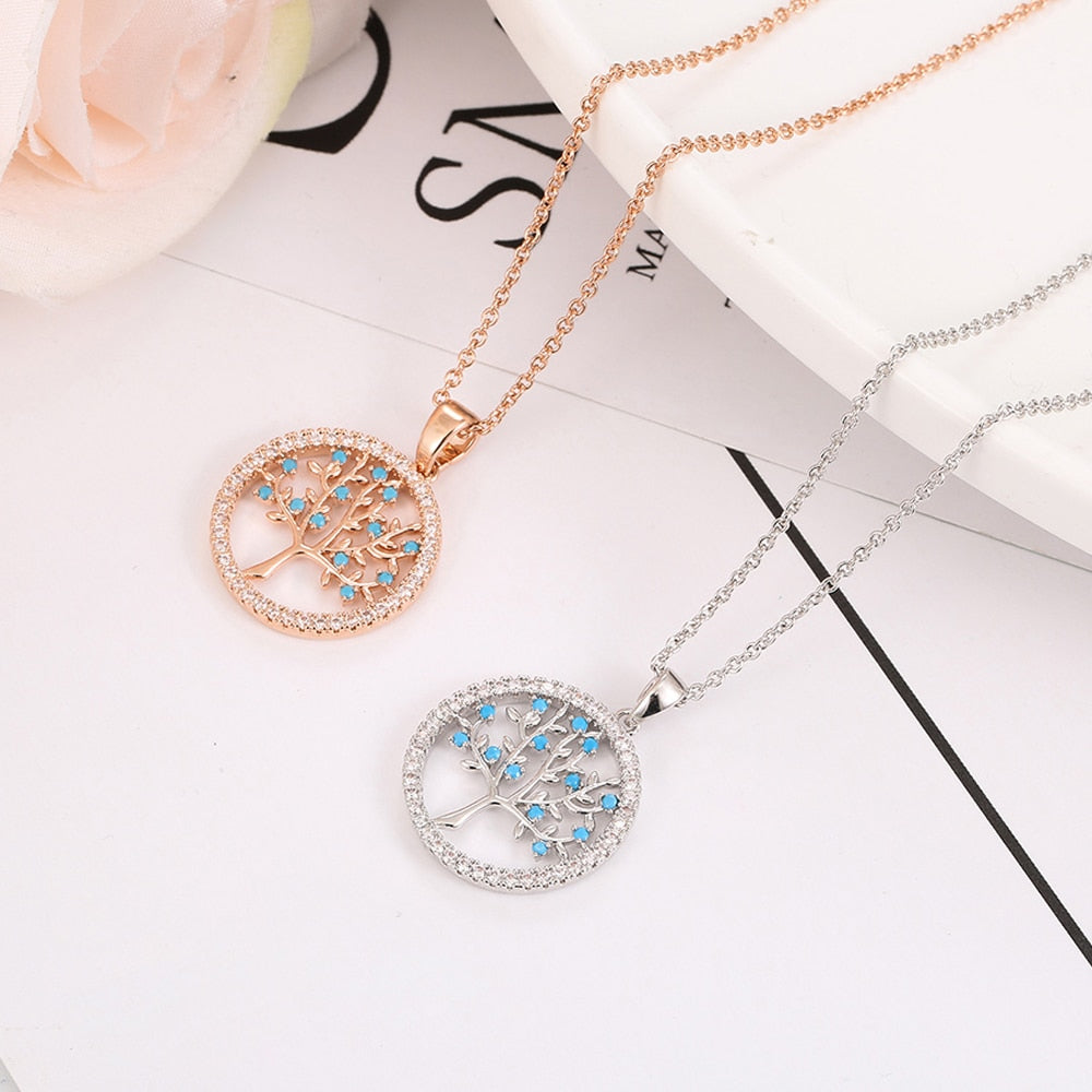 Small Round Tree of Life Pendant Necklace For Women Gold Silvery Chain Charm White Blue CZ Zircon Choker Necklace Party Jewelry