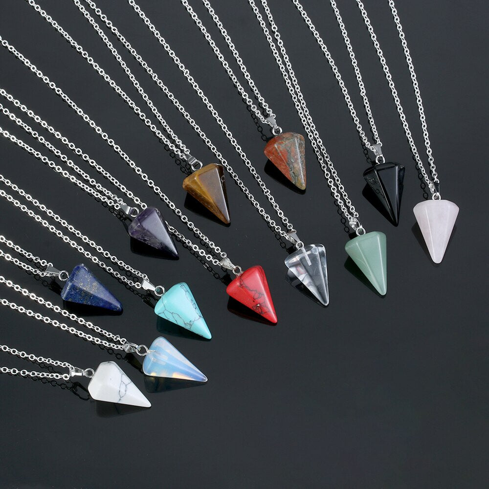 Small Size Reiki Pendulum Natural Stone Amulet Healing Crystal Hexagonal Chain Pendant Charm Necklace for Men Women Jewelry