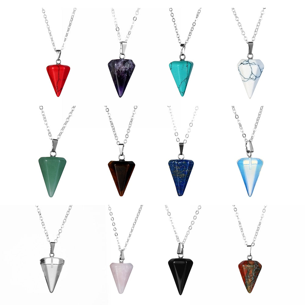 Small Size Reiki Pendulum Natural Stone Amulet Healing Crystal Hexagonal Chain Pendant Charm Necklace for Men Women Jewelry