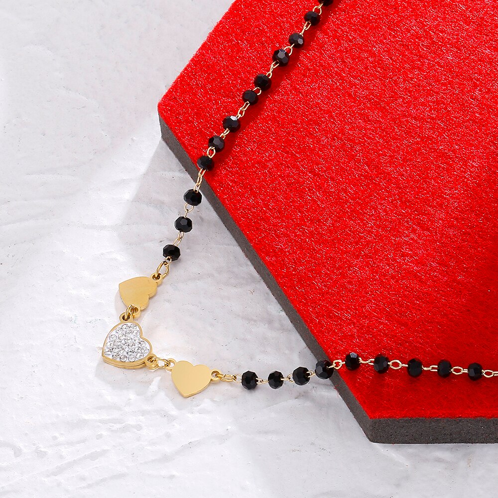 Small Stainless Steel Love Hearts Pendant Necklace For Women Black Beads Chain Crystal Short Choker Female Jewelry