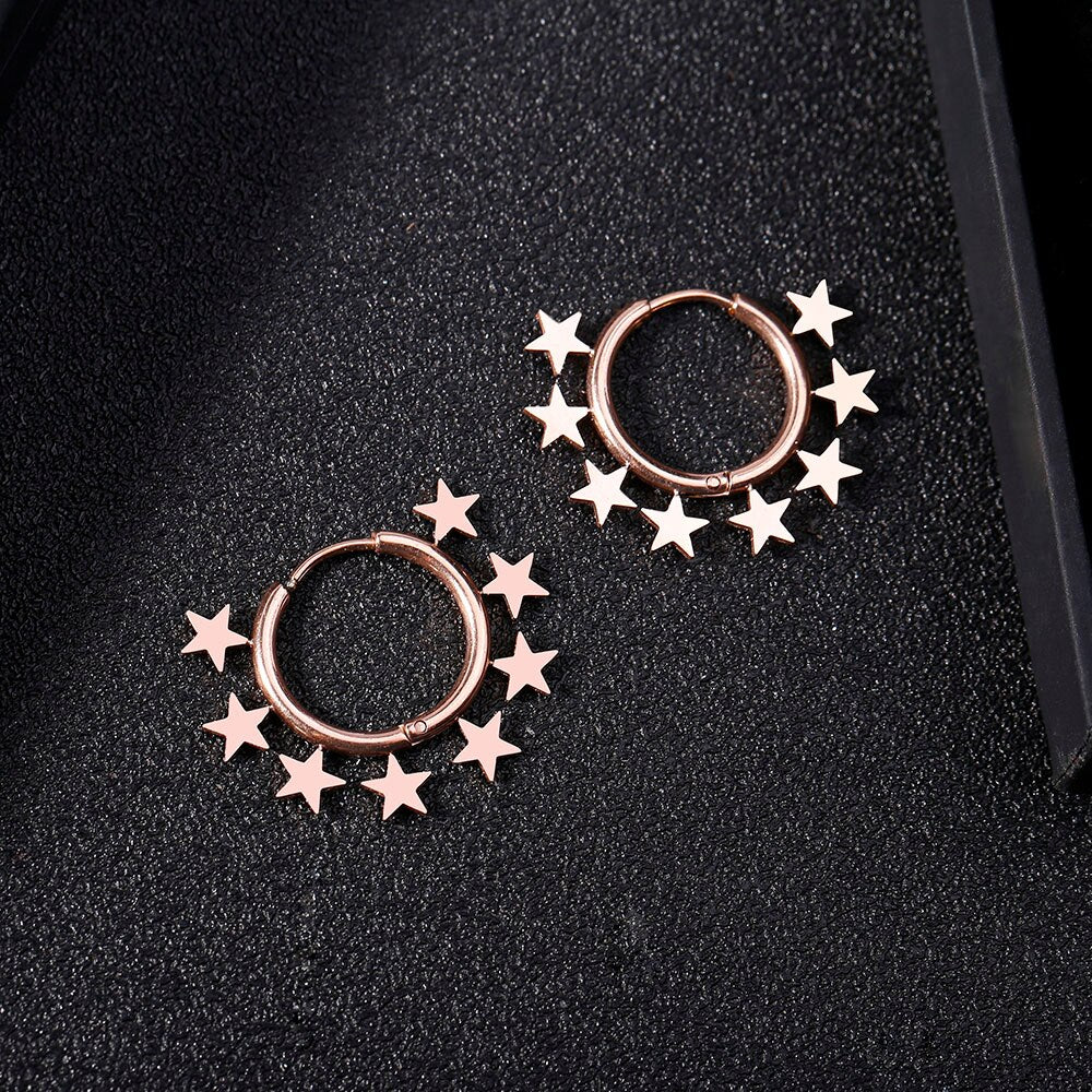 Small Stars Around Circle Hoop Earring Gold Silver Color Simple Stainless Steel Earrings For Woman Girls Gifts Trendy Jewelry
