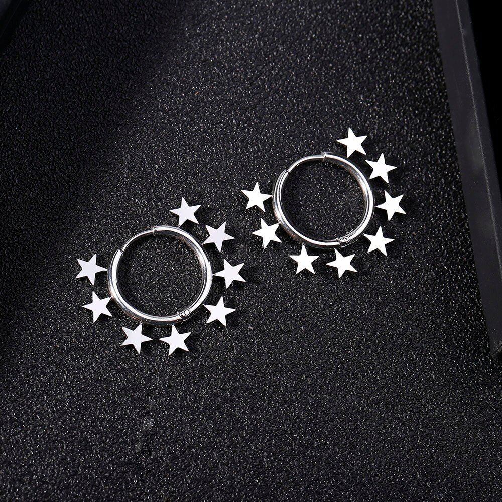 Small Stars Around Circle Hoop Earring Gold Silver Color Simple Stainless Steel Earrings For Woman Girls Gifts Trendy Jewelry