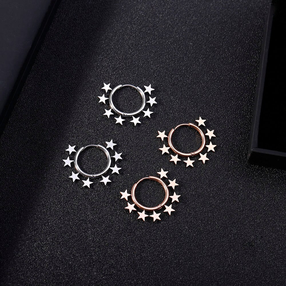 Small Stars Around Circle Hoop Earring Gold Silver Color Simple Stainless Steel Earrings For Woman Girls Gifts Trendy Jewelry