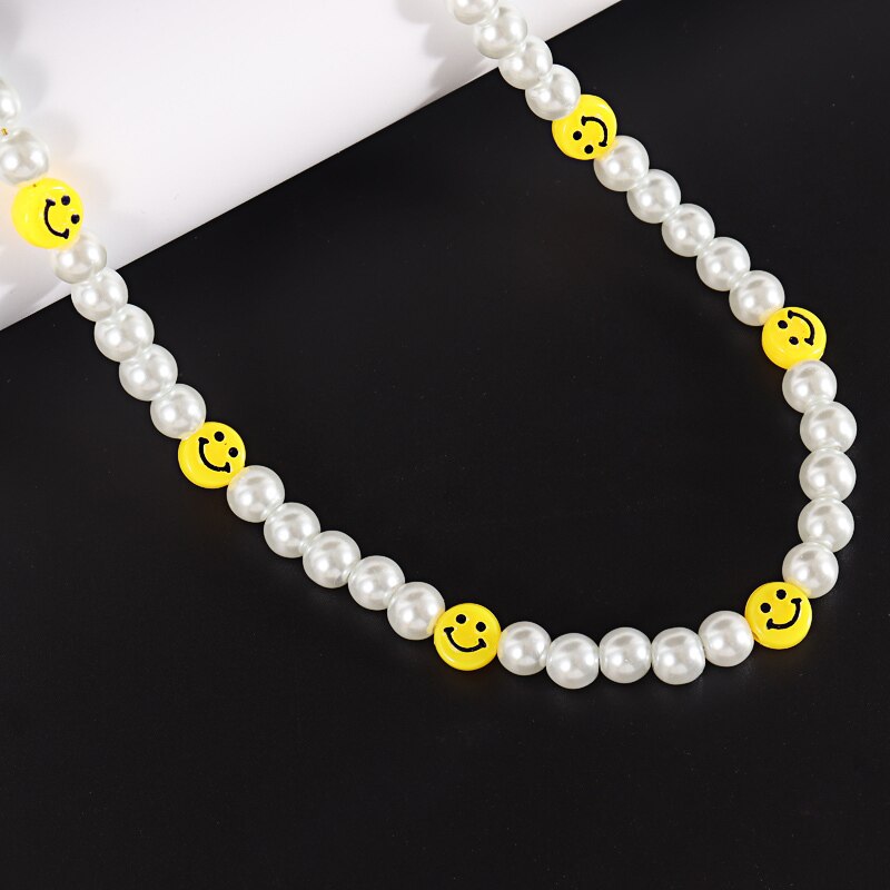 Smile Face Bead Chain Necklace Women 2021 Cute Happy Face Strand Simulated Pearl Bead Necklace For Women Jewelry Gift