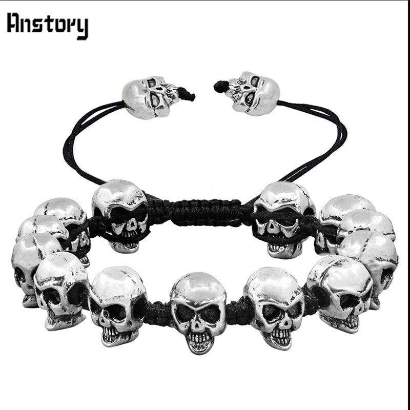 Smile Skull Skeleton Bead Bracelets Strand Vintage Boho Antique Silver Plated Handmade Rope Woven Craft Fashion Jewelry