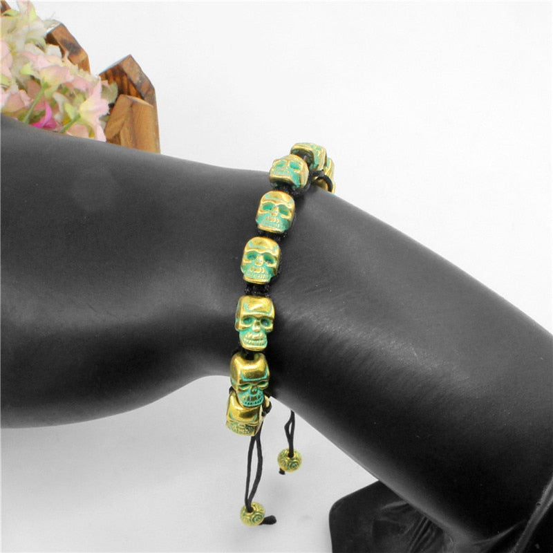 Smile Skull Skeleton Bead Bracelets Strand Vintage Boho Antique Silver Plated Handmade Rope Woven Craft Fashion Jewelry