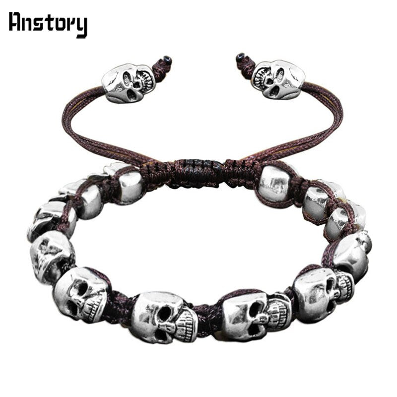 Smile Skull Skeleton Bead Bracelets Strand Vintage Boho Antique Silver Plated Handmade Rope Woven Craft Fashion Jewelry
