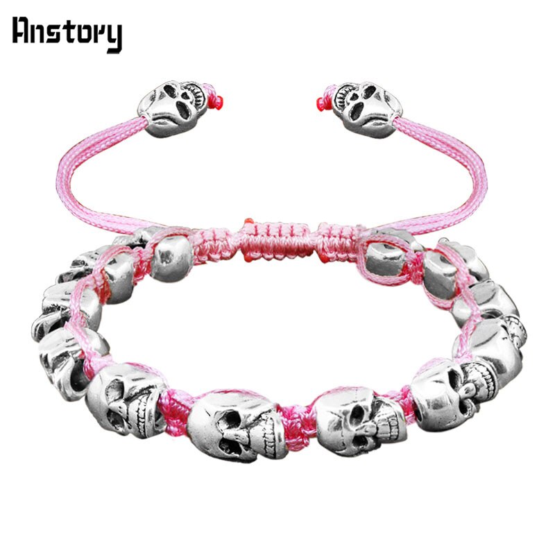 Smile Skull Skeleton Bead Bracelets Strand Vintage Boho Antique Silver Plated Handmade Rope Woven Craft Fashion Jewelry