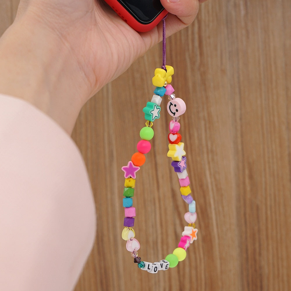 Smiley Beaded Anti-lost Phone Charm Chain Fruit Rainbow Soft Ceramic Lanyard Strap Mobile for Girls Phone Choker Keys