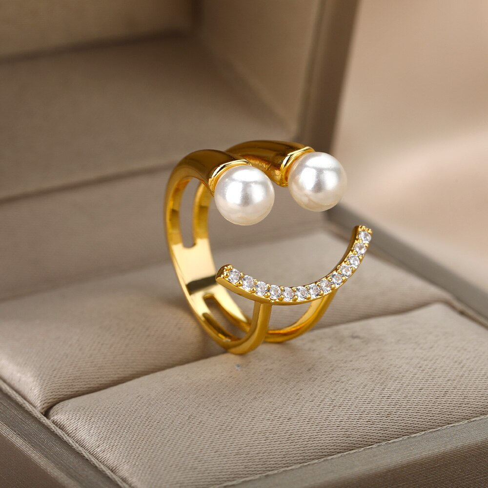 Smiley Pearl Rings For Women Men Stainless Steel Adjustable Ring 2023 Trend Lucky Aesthetic Jewerly Wedding Couple Gift anillos