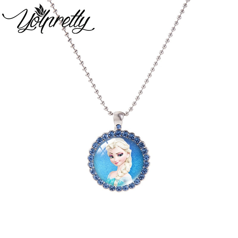 Snow Queen Elsa Anna Princess Round Crystal Necklace Necklace Glass Cabochon Necklace Jewelry