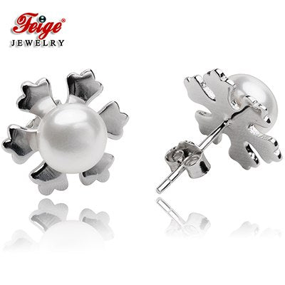 Snowflake 925 Sterling Silver Earrings for Women Party Jewelry Gifts 6-7MM White Natural Pearl Stud Earring FEIGE