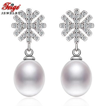 Snowflake 925 Sterling Silver Pearl Earrings for Women Anniversary Jewelry Gifts 8-9MM White Pearl Stud Earring FEIGE