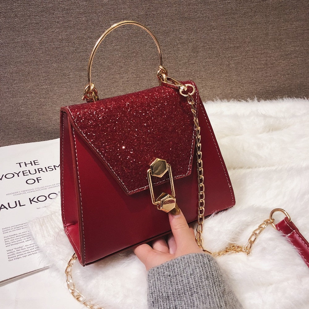 Soft PU sequins single shoulder inclined  hardware chain  lock slanting Solid  Casual occasion  Decoration bag
