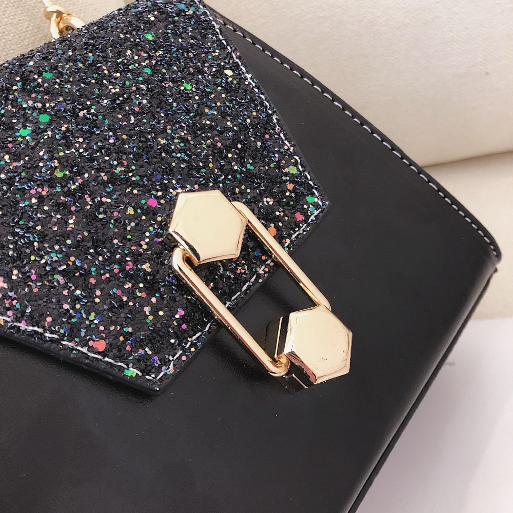 Soft PU sequins single shoulder inclined  hardware chain  lock slanting Solid  Casual occasion  Decoration bag