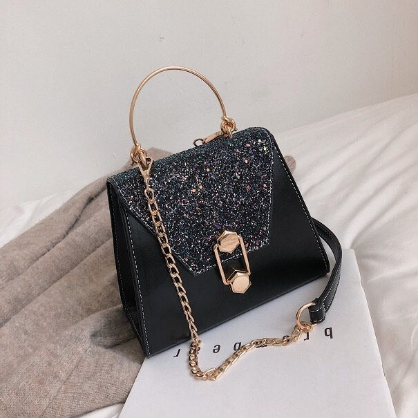 Soft PU sequins single shoulder inclined  hardware chain  lock slanting Solid  Casual occasion  Decoration bag