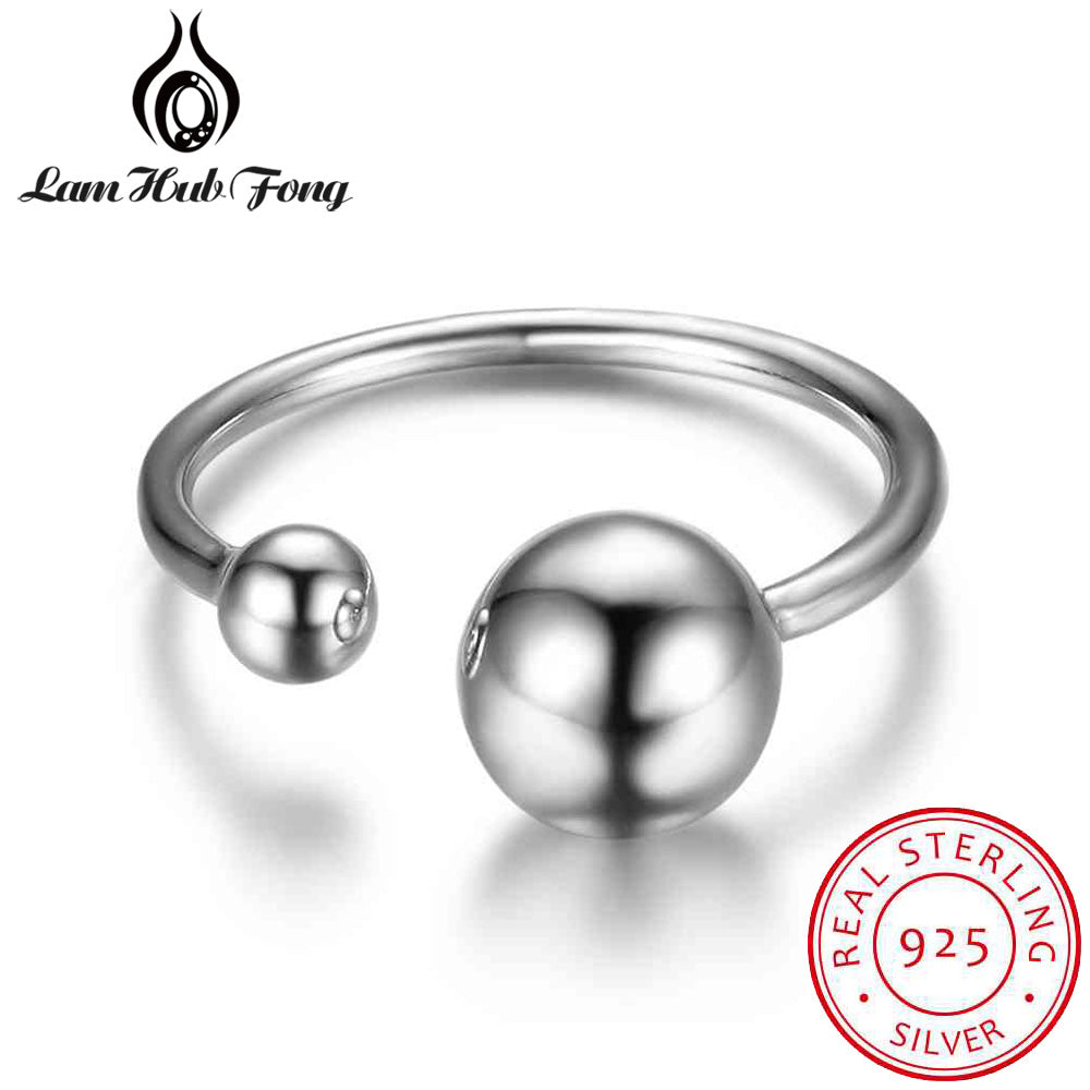 Solid 925 Sterling Silver Double Ball Finger Rings for Women Female Metallic Open Ring Wedding Party Jewelry (Lam Hub Fong)