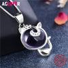 Solid 925 Sterling Silver Fine Jewelry AAA Ruby Cute Cat Pendant Necklace For Women Crystal Jewelry