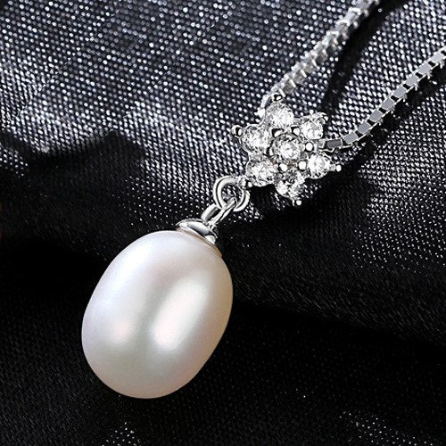 Solid Silver 925 Sterling Silver Necklace AAA Zircon Flower Natural Pearl Pendant Women Jewelry