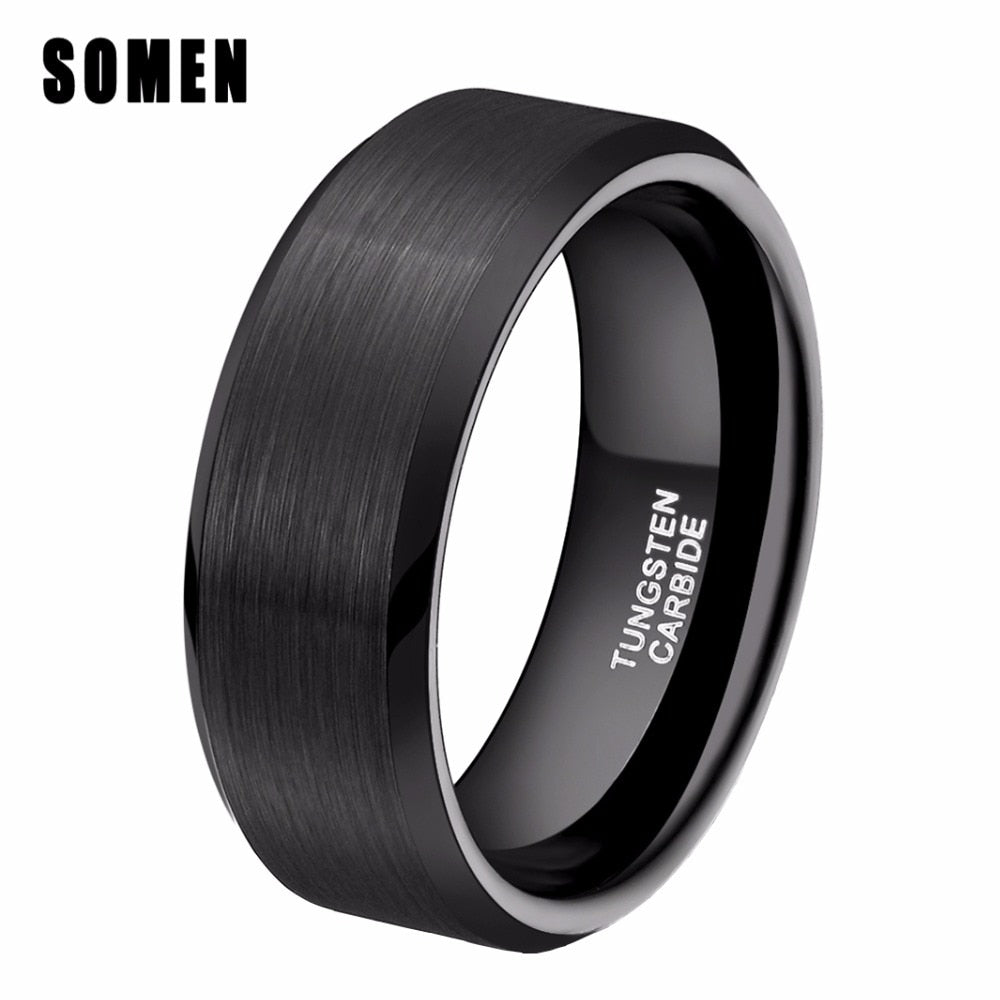 Somen Ring Men Classic 8MM Pure Black Tungsten Ring Brushed Finished Wedding Band Trendy Male Jewelry Engagement Love Ring Bague