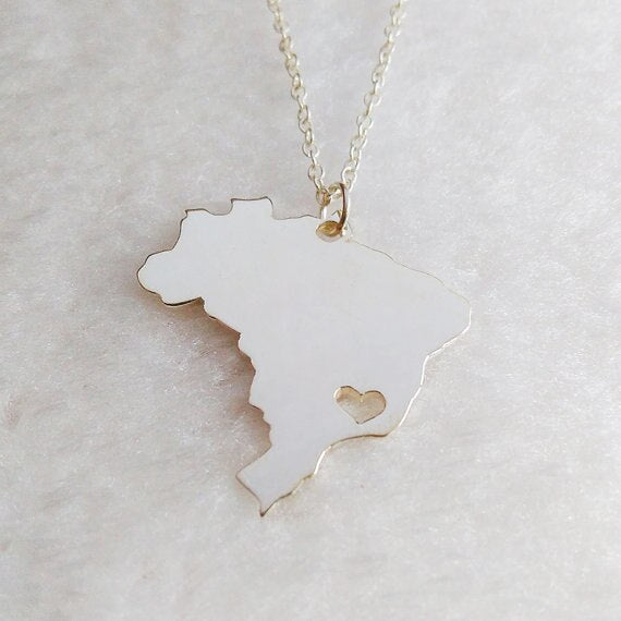 South America Country Geography Map Brazil Charm Pendant Brazilian Brasil Pride Love Heart Sao Paulo City Souvenir Necklaces