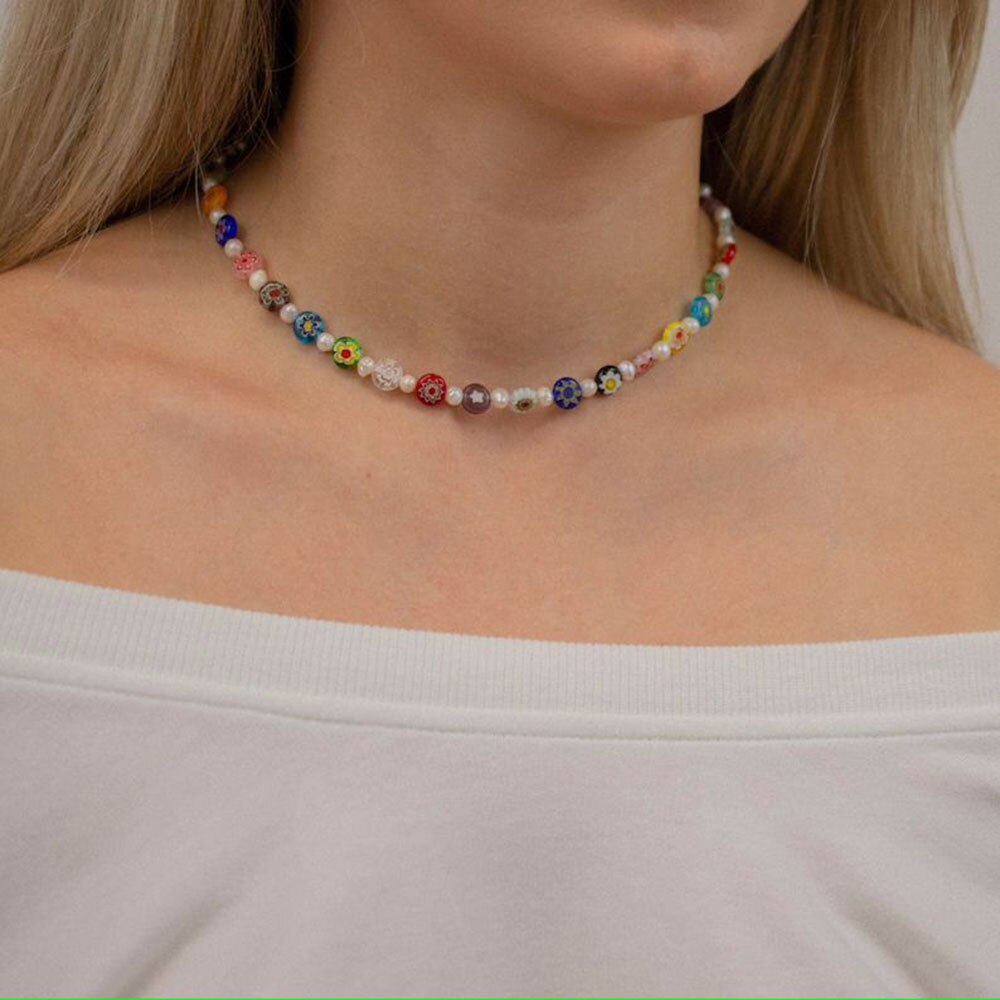 South Korea Bohemian Pearl Glass Flower Necklace Personality DIY Handmade Beaded Necklace Lady Party Gift