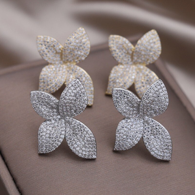 South Korea Design Jewelry 14K Gold plated Four leaf Flowers Full Zircon Earrings  Women's Party Accessories