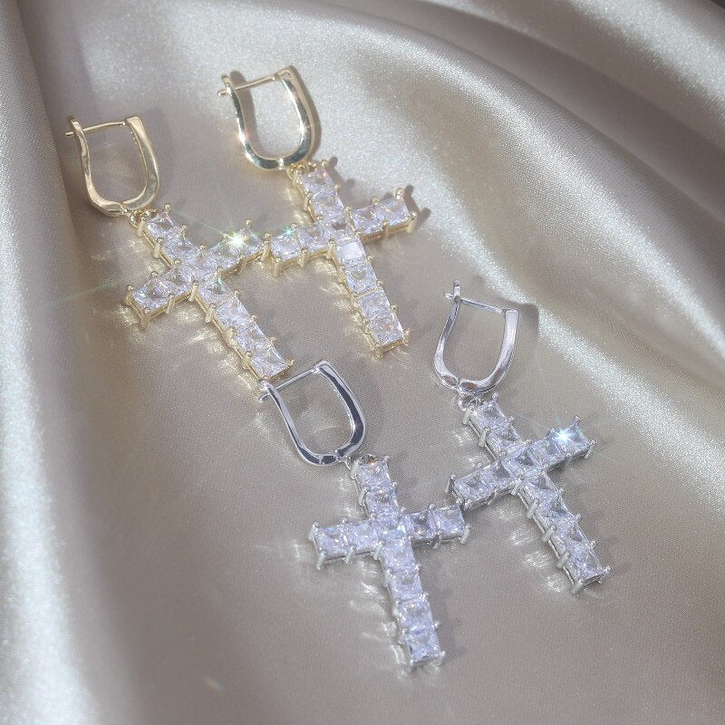 South Korea Design Jewelry 14K gold plated  Zircon Cross Pendant Earrings Elegant Women's Party Accessories