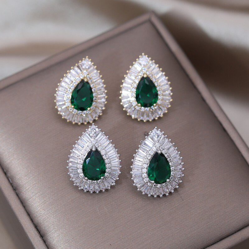 South Korea Design Jewelry  Green Zircon Water Drop stud Earrings Elegant Women's Prom Party Accessories