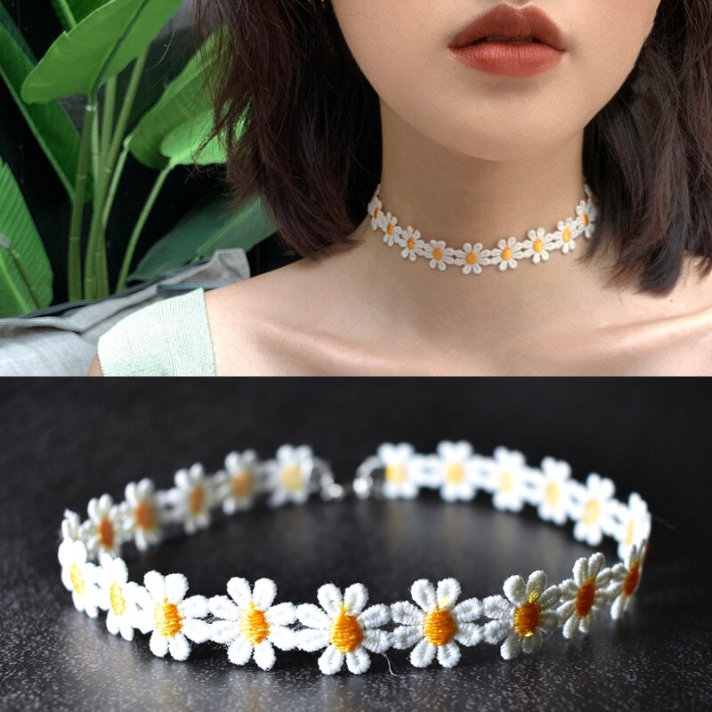 South Korea's Style Necklace Accessories Mori Small Fresh Color Matching Daisy Lace Hand-woven Sweet Flower Necklace