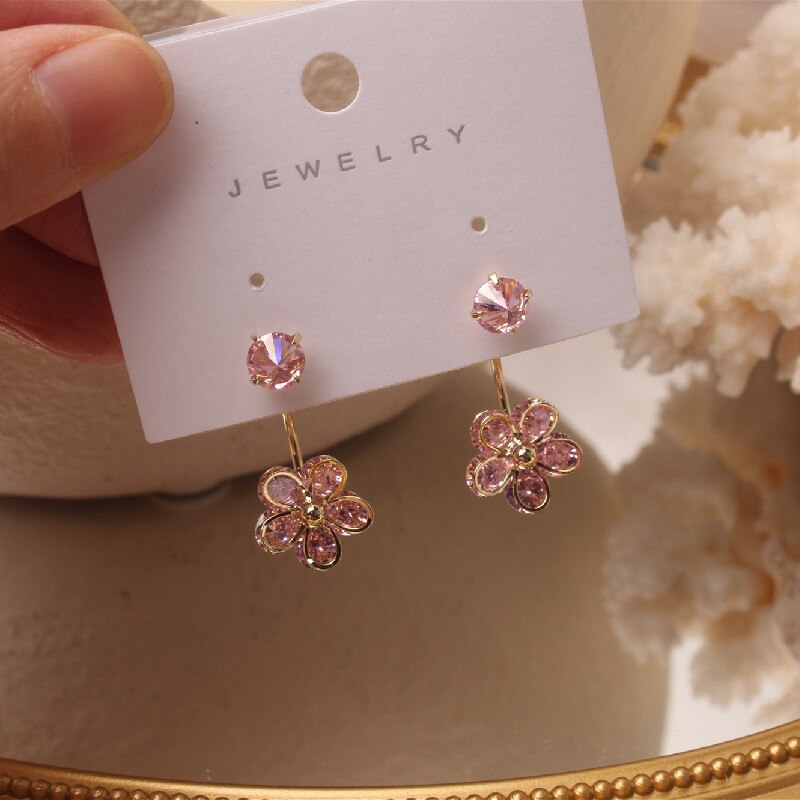 South Korea's design jewelry  shiny pink zircon flower earrings hooks two ways to wear female earrings