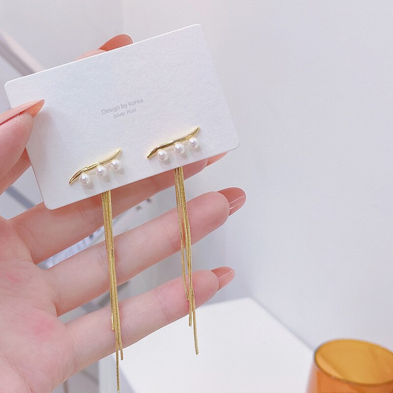 South Korea's design jewelry, simple lines, long pearls, chain tassel earrings, elegant women's two-wear accessories
